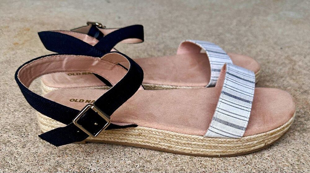 Old Navy Black White Beige Striped Cotton Ankle Strap Buckle Sandals Women’s 10